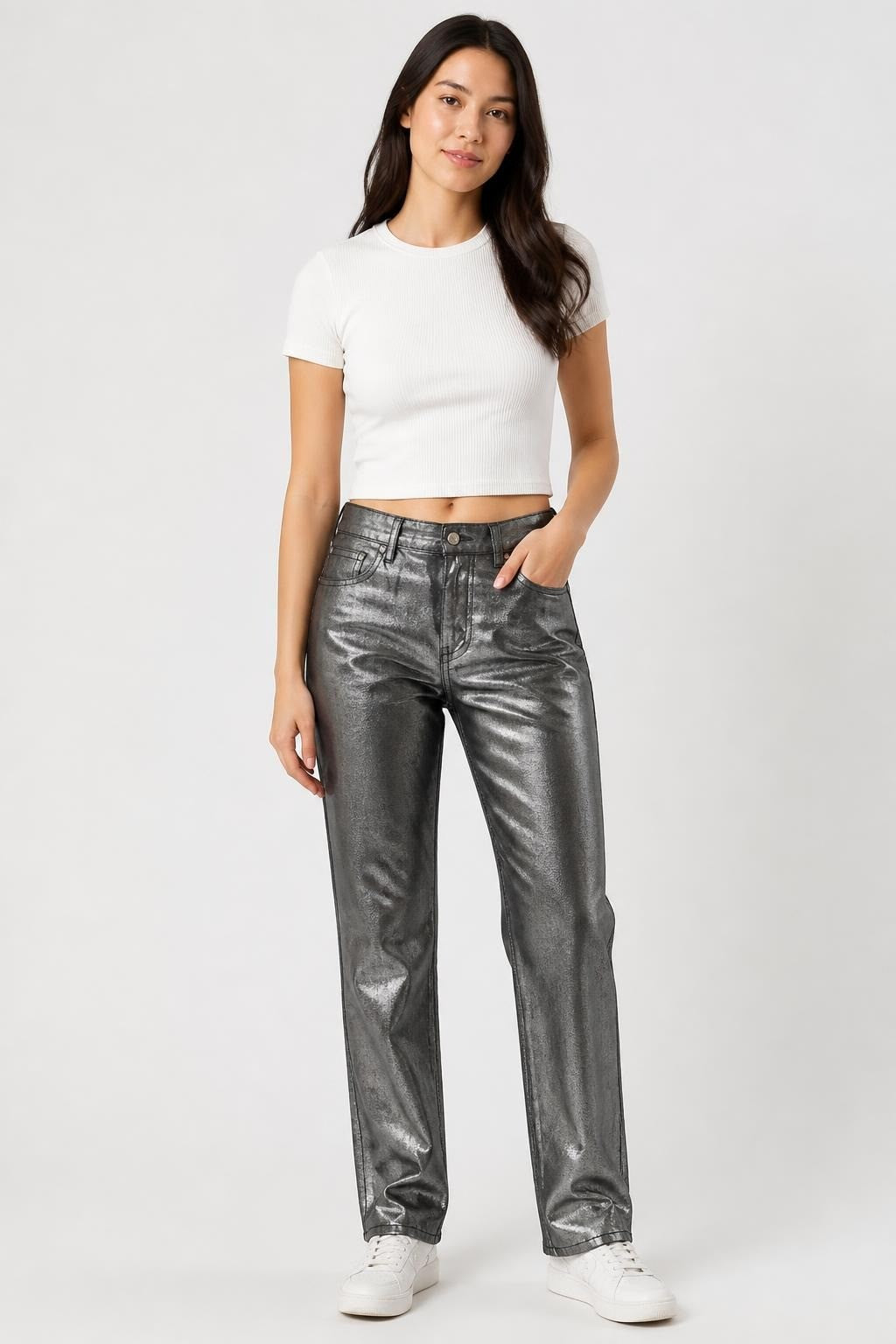 Metallic Silver Coated Slim Jeans - pre-loved at Why Go Less, Lebanon