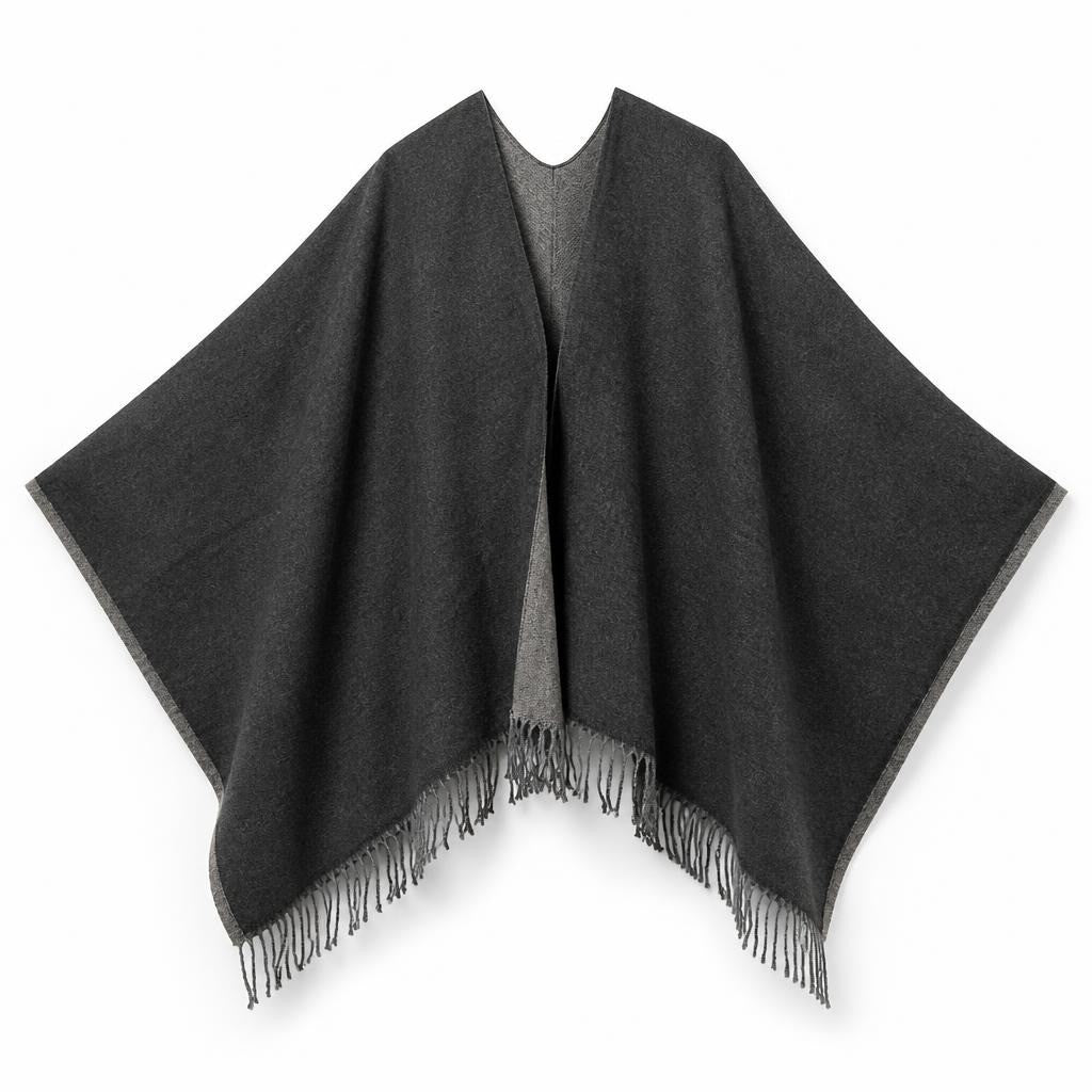 Double Face Dark Grey Fringed Wool-blend Poncho Cape - pre-loved at Why Go Less, Lebanon