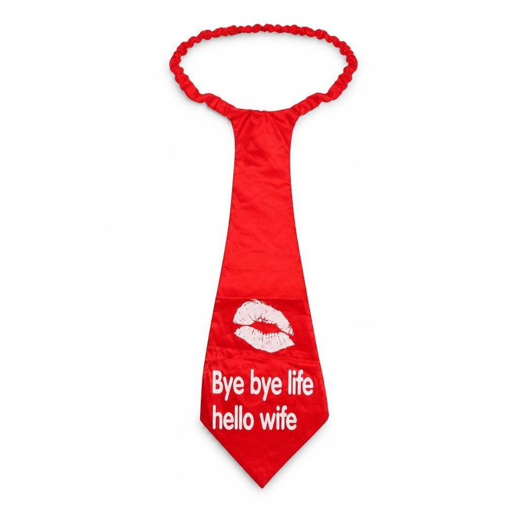Red Novelty Tie 'Bye Bye Life Hello Wife' - pre-loved at Why Go Less, Lebanon