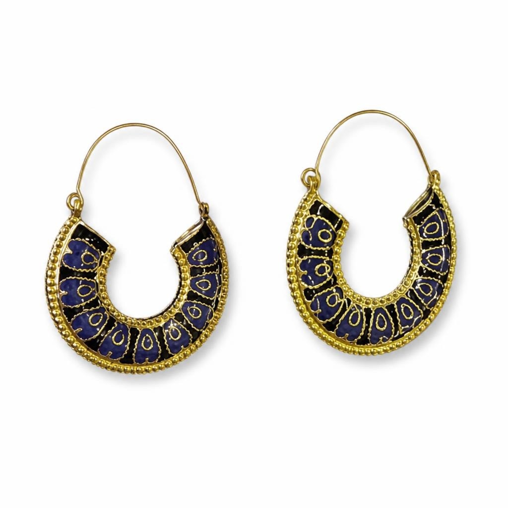 Gold & Navy Blue Ethnic Hoop Earrings - pre-loved at Why Go Less, Lebanon