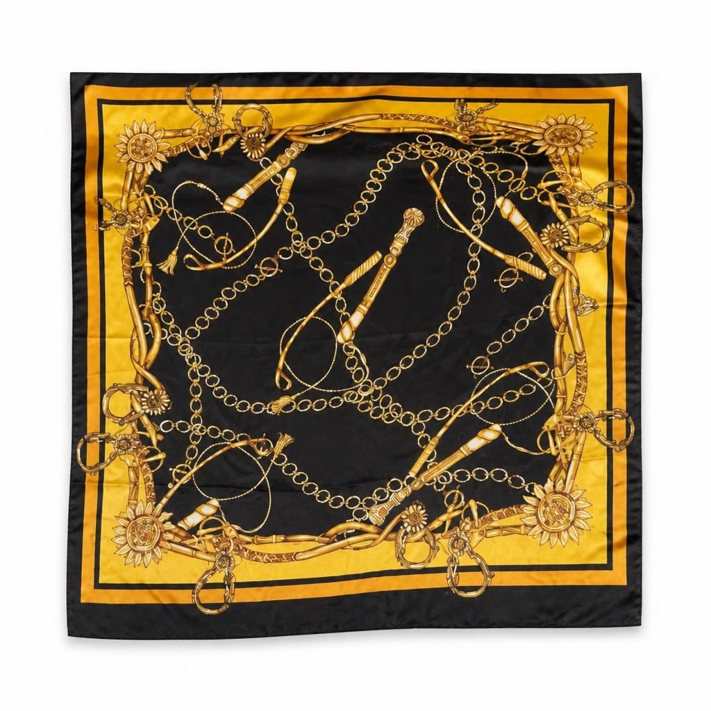 Black & Gold Chain-print Satin Square Scarf - pre-loved at Why Go Less, Lebanon