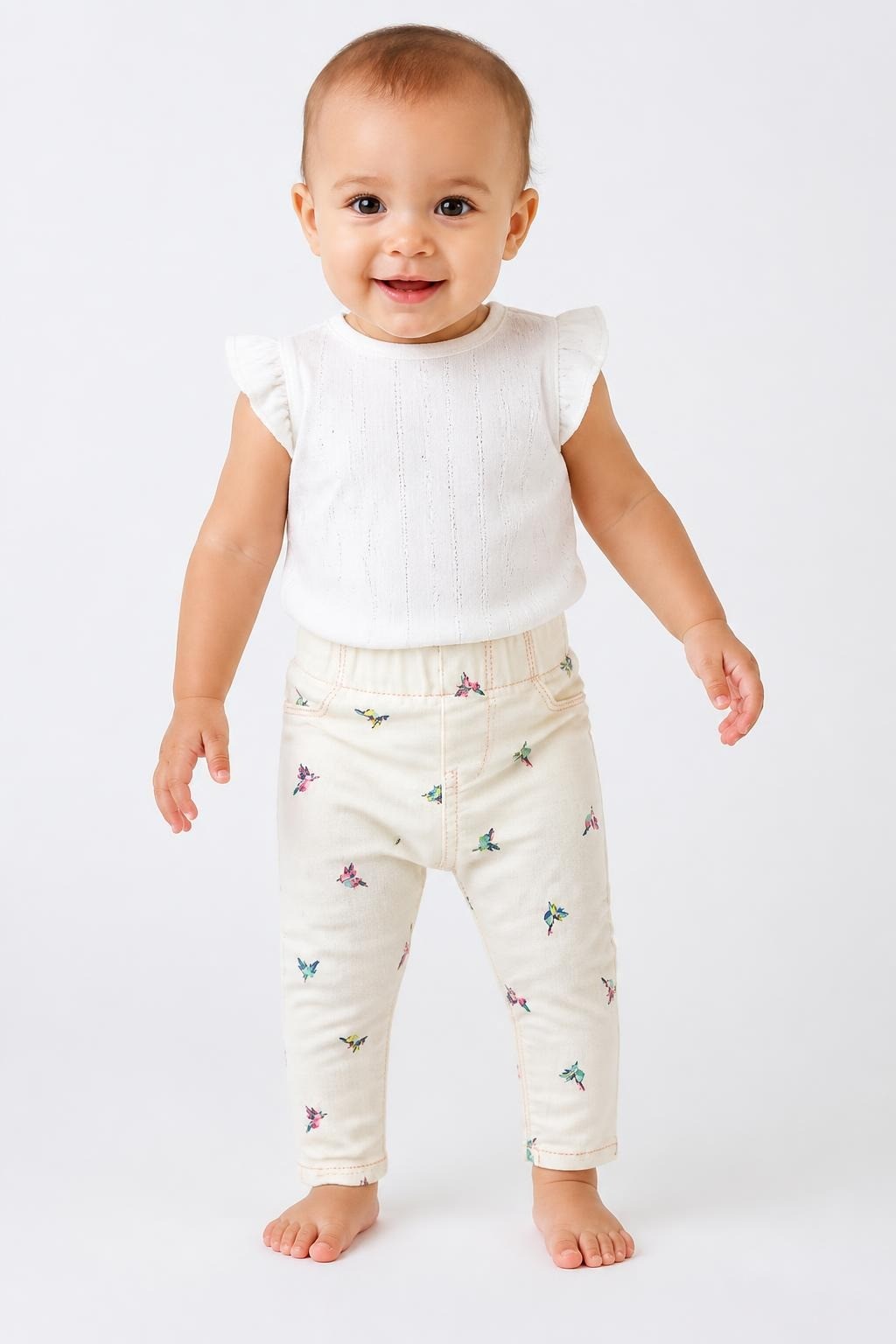 Baby B'gosh Girl Jeggings Cream Bird Print 6M - pre-loved at Why Go Less, Lebanon