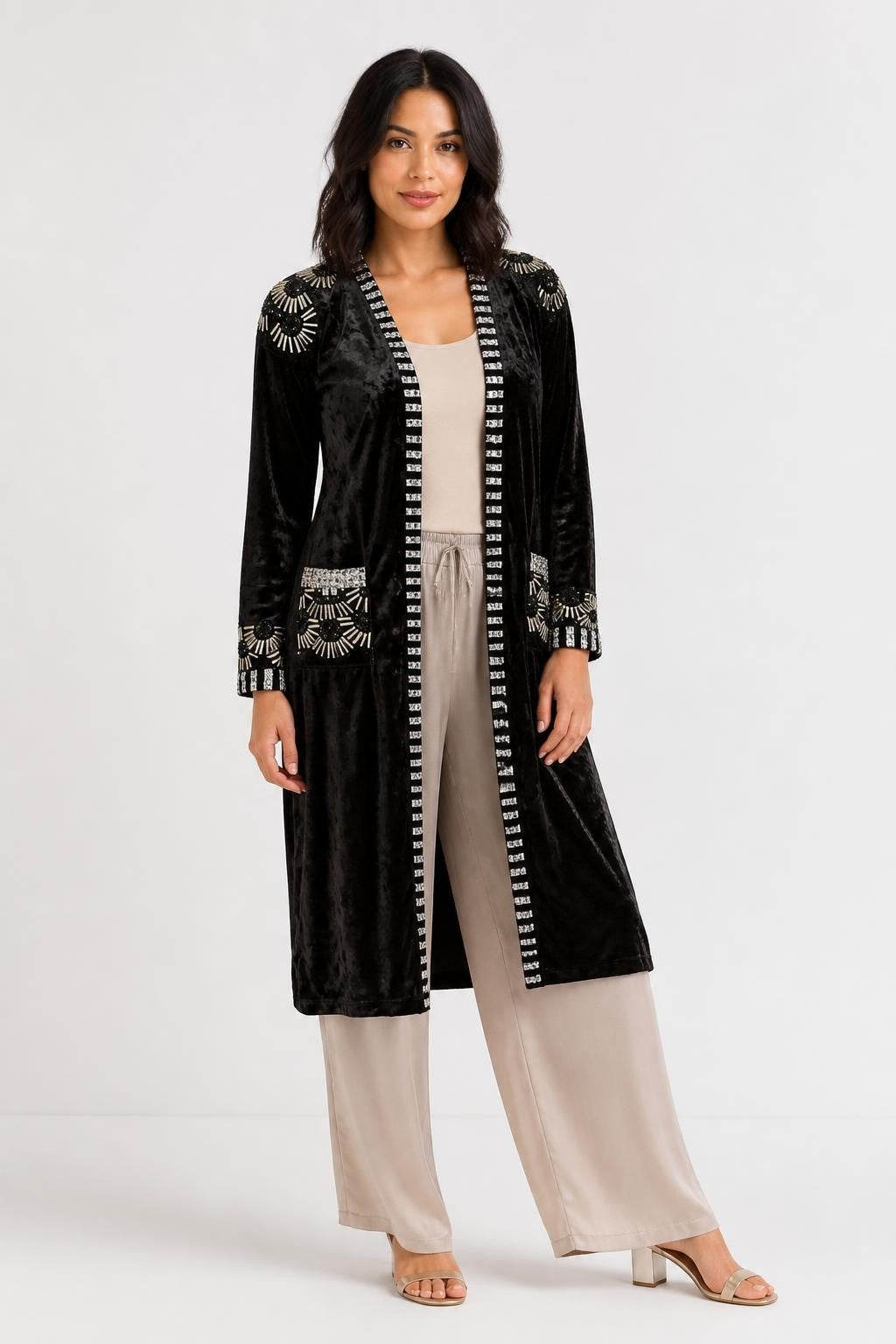 Black Velvet Embellished Long Jacket One Size - pre-loved at Why Go Less, Lebanon