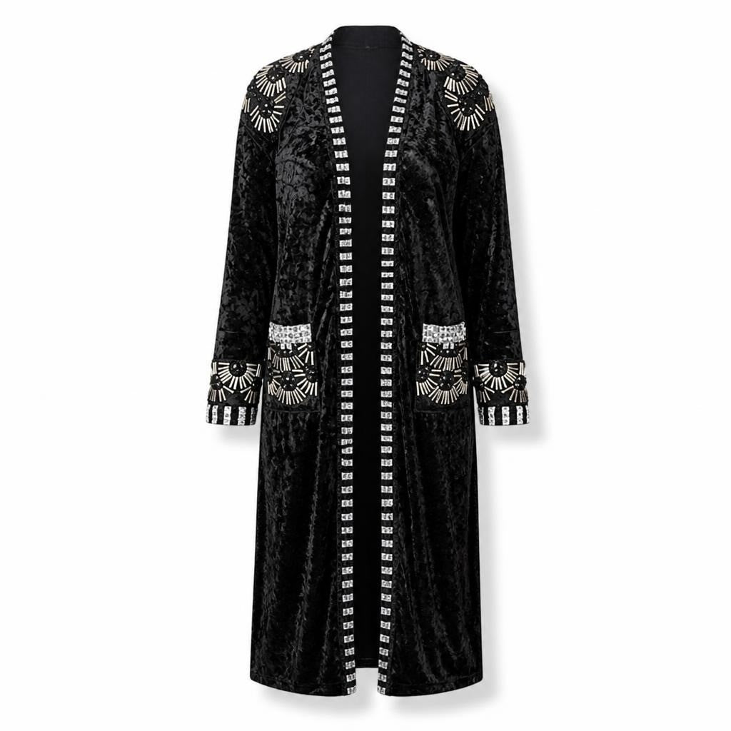 Black Velvet Embellished Long Jacket One Size - pre-loved at Why Go Less, Lebanon