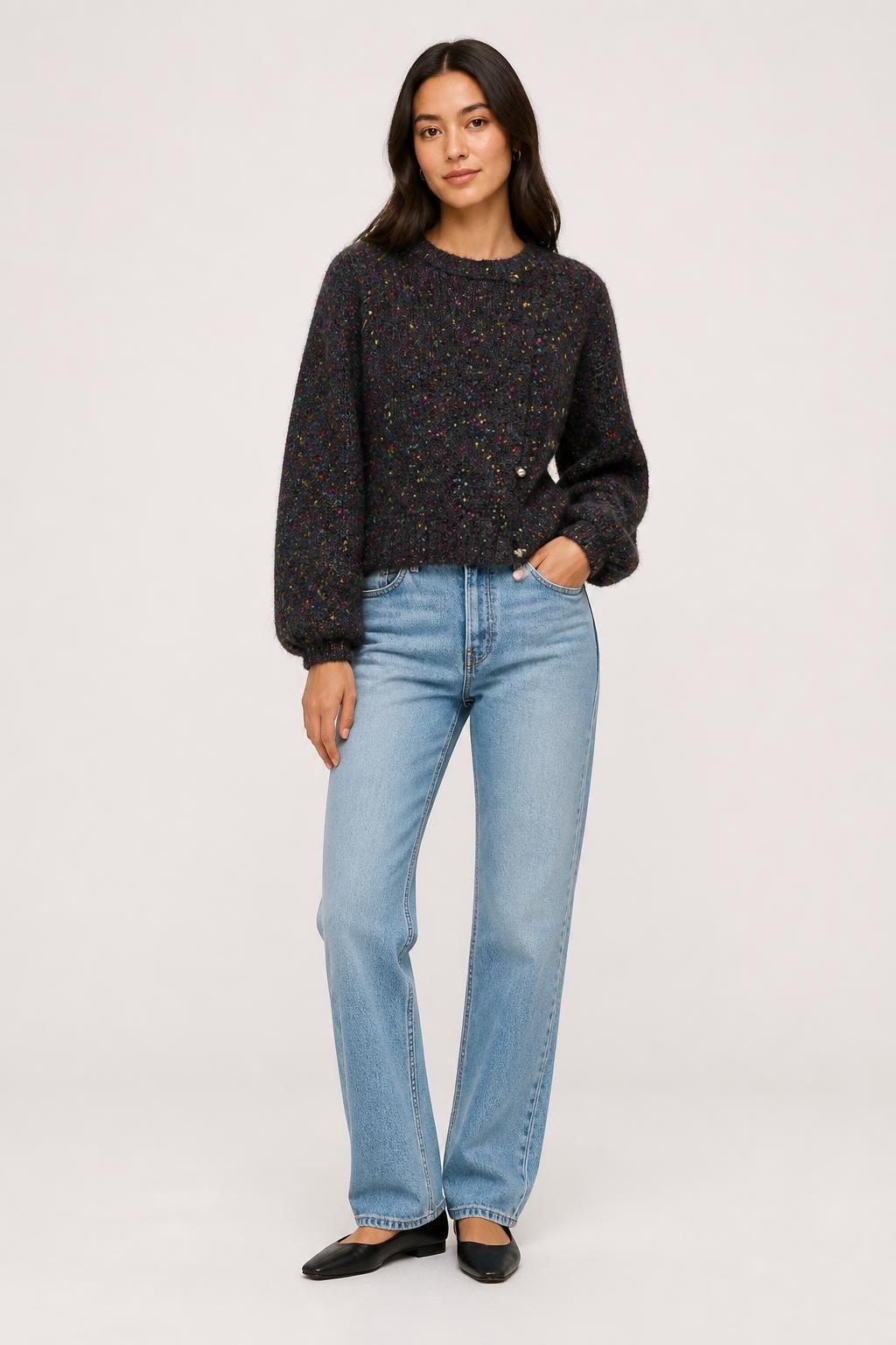 Speckled Dark Knit Cardigan, Multicolor Flecks - pre-loved at Why Go Less, Lebanon