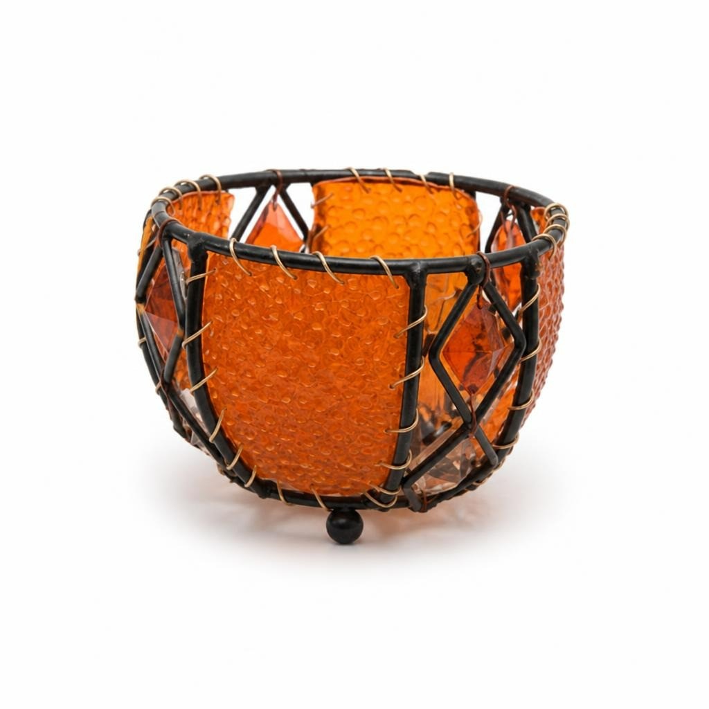 Amber Orange Wire & Leather Votive Candle Holder - pre-loved at Why Go Less, Lebanon