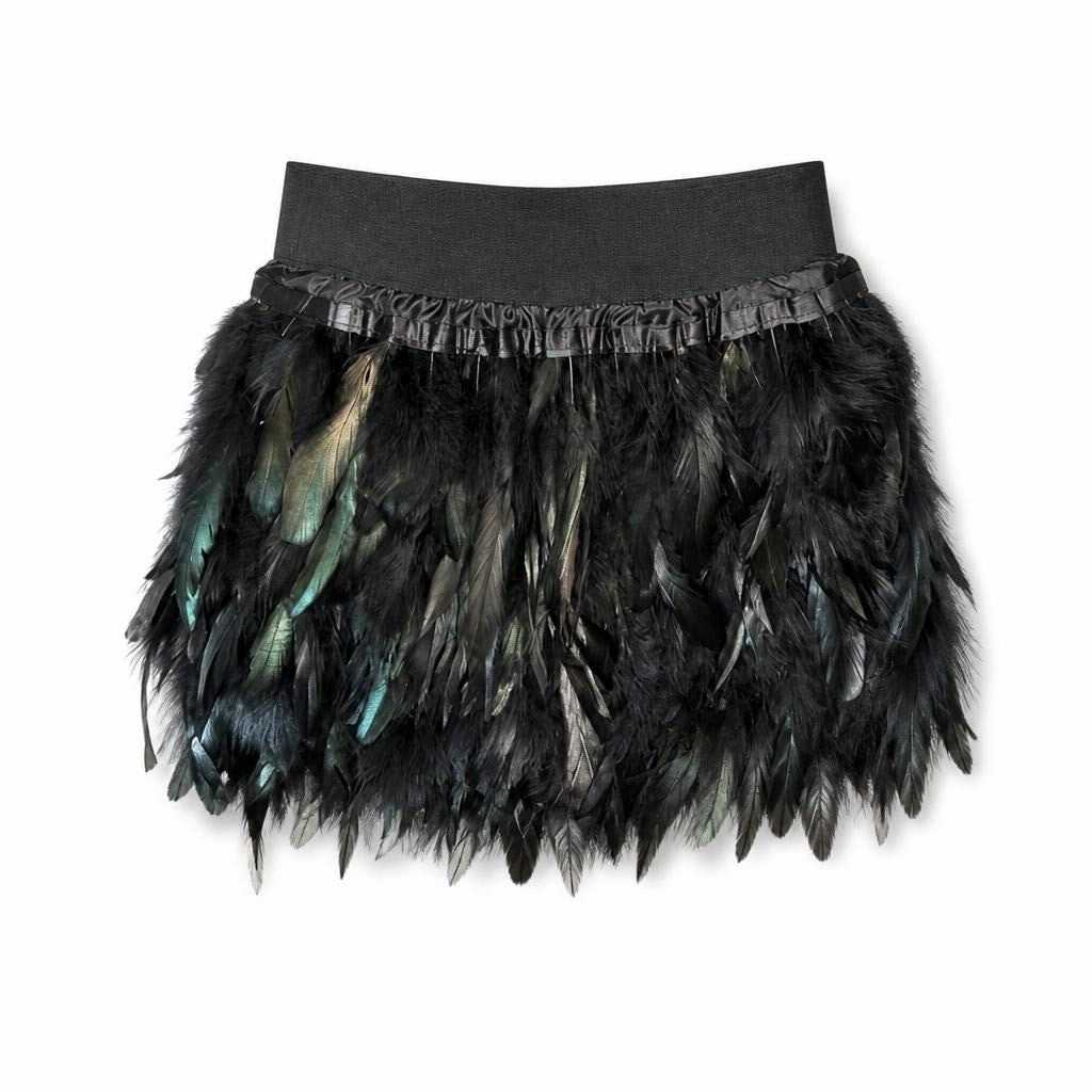 Black Feather Trim Skirt/belt with Elastic Waistband - pre-loved at Why Go Less, Lebanon