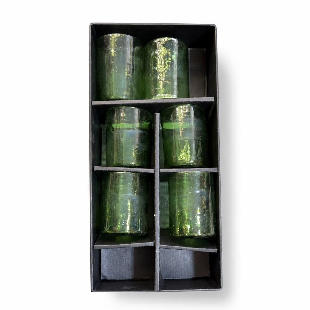 Vintage Set of 6 Green Recycled Glass Tumblers Boxed - pre-loved at Why Go Less, Lebanon