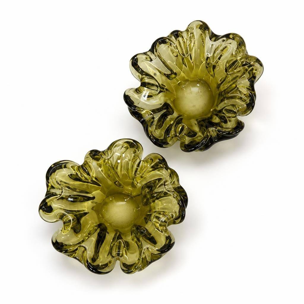 Pair Olive Green Art Glass Candle Holders, Floral - pre-loved at Why Go Less, Lebanon