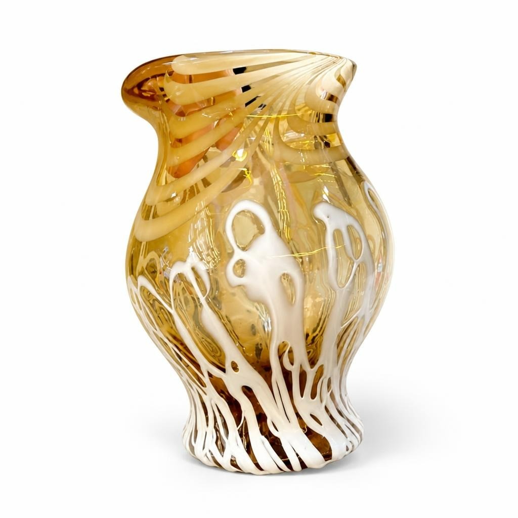 Vintage Amber White Swirl Art Glass Vase, Ruffled Top - pre-loved at Why Go Less, Lebanon