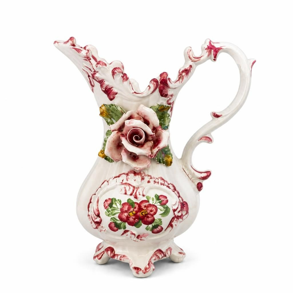 Vintage Capodimonte-style Floral Pitcher Vase, White & Red - pre-loved at Why Go Less, Lebanon