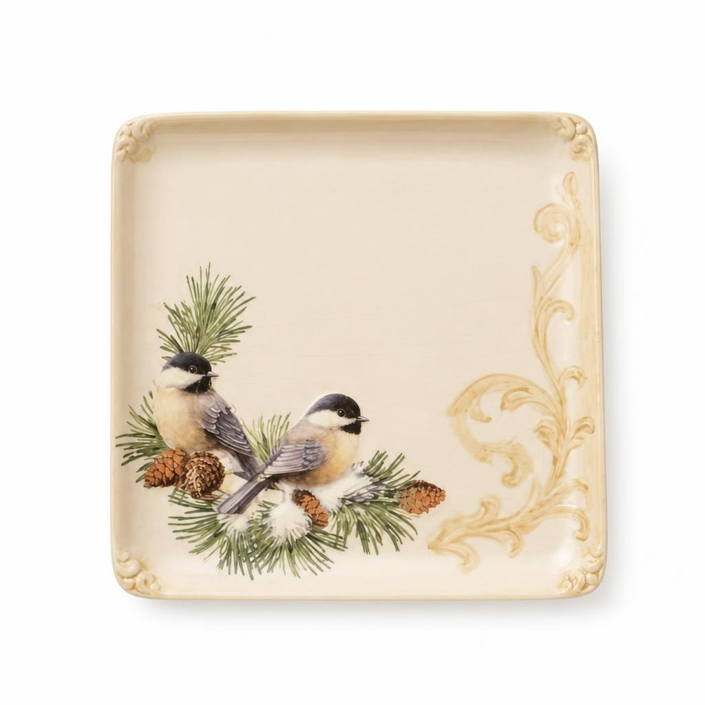Chickadee & Pine Square Ceramic Tray, Gold Trim - pre-loved at Why Go Less, Lebanon