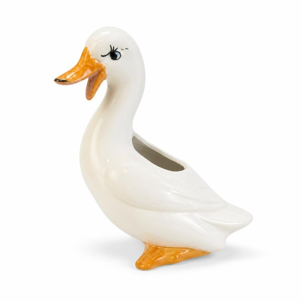 White Ceramic Duck Planter Figurine, Orange Beak - pre-loved at Why Go Less, Lebanon