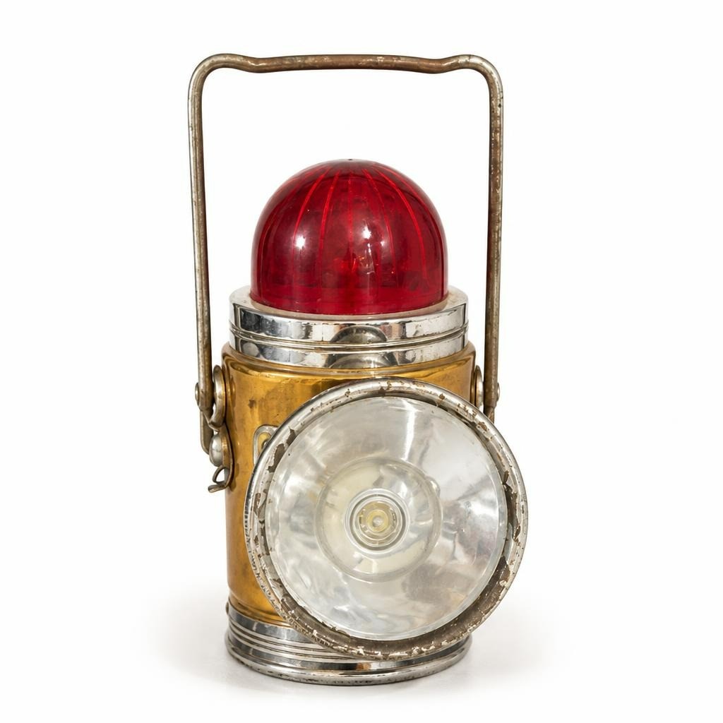 Vintage Brass & Chrome Railway Lantern, Red Dome - pre-loved at Why Go Less, Lebanon