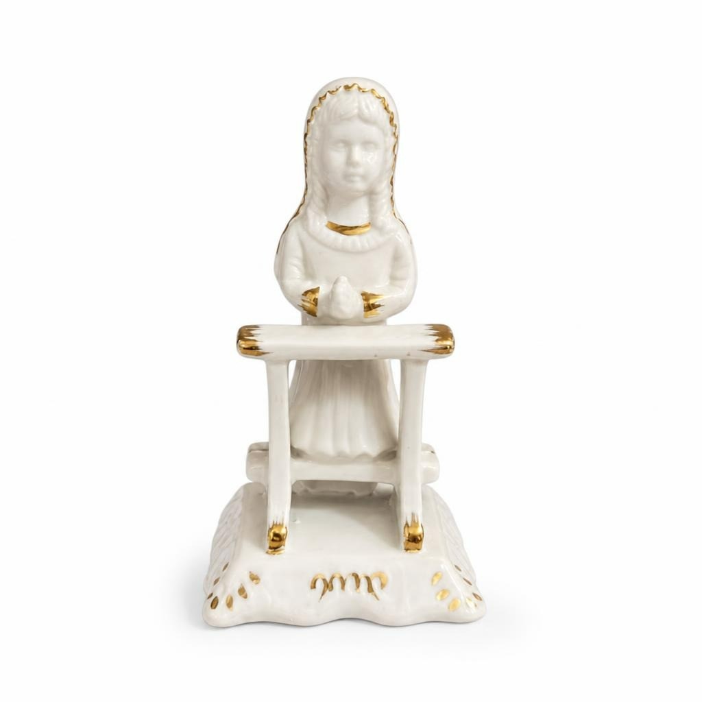 White Porcelain Virgin Mary Kneeling Figurine, Gold Trim - pre-loved at Why Go Less, Lebanon