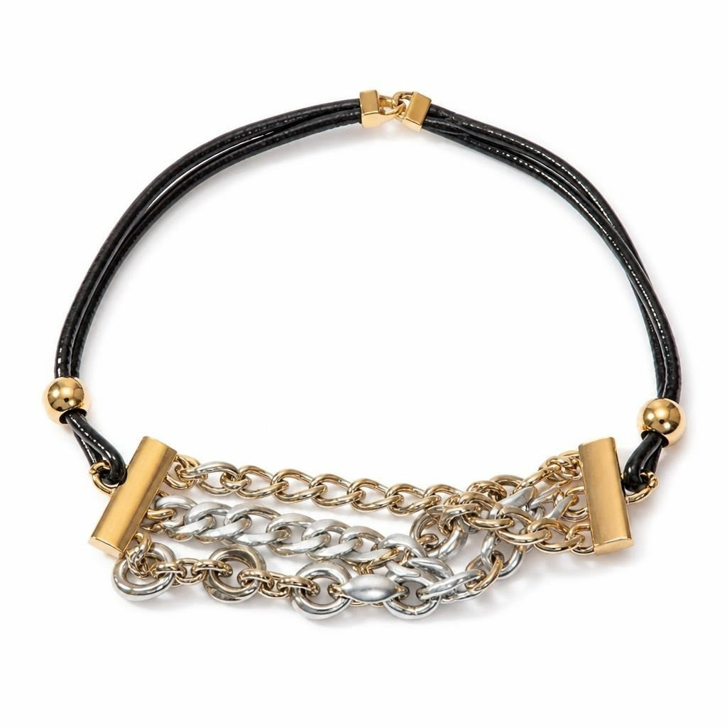 Mixed Chain Choker Black Leather Cord Gold Silver - pre-loved at Why Go Less, Lebanon