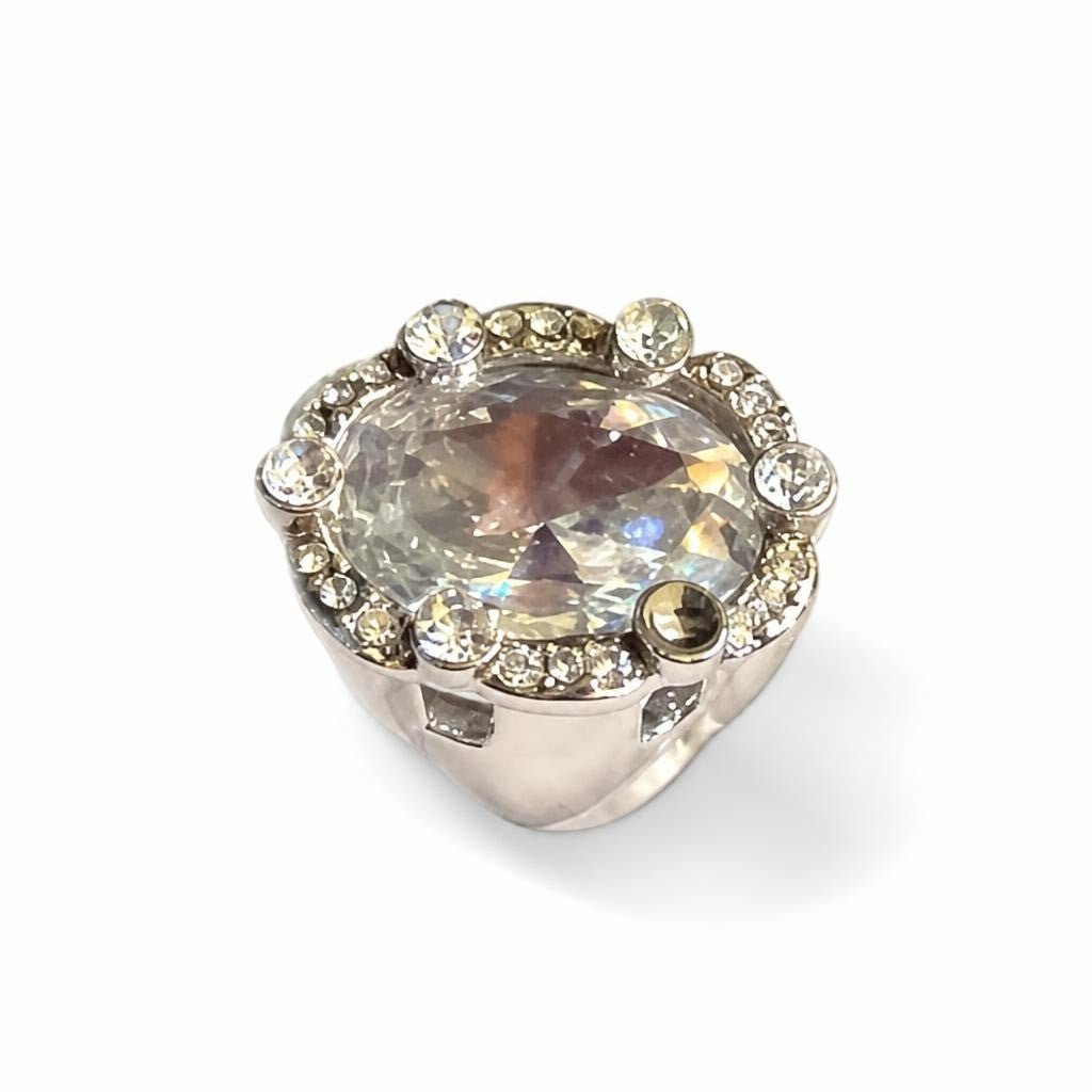 Large Oval Crystal Cocktail Ring Silver-tone - pre-loved at Why Go Less, Lebanon