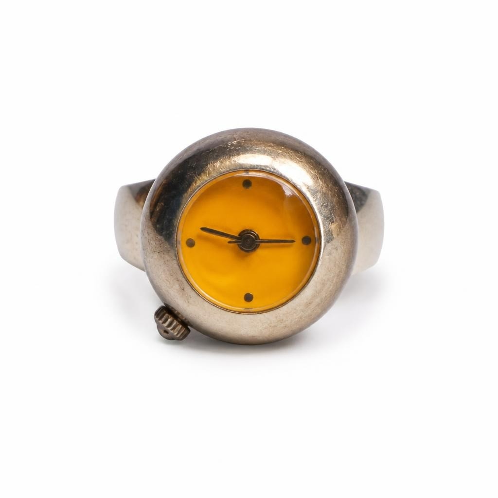 Round Dome Ring with Mini Clock Face Yellow Dial - pre-loved at Why Go Less, Lebanon