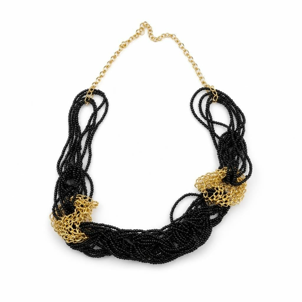 Multi-strand Black Seed Bead & Gold Chain Necklace - pre-loved at Why Go Less, Lebanon