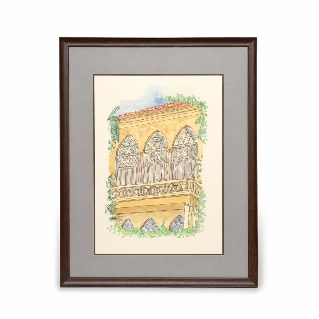Framed Watercolor Architectural Balcony Artwork - pre-loved at Why Go Less, Lebanon