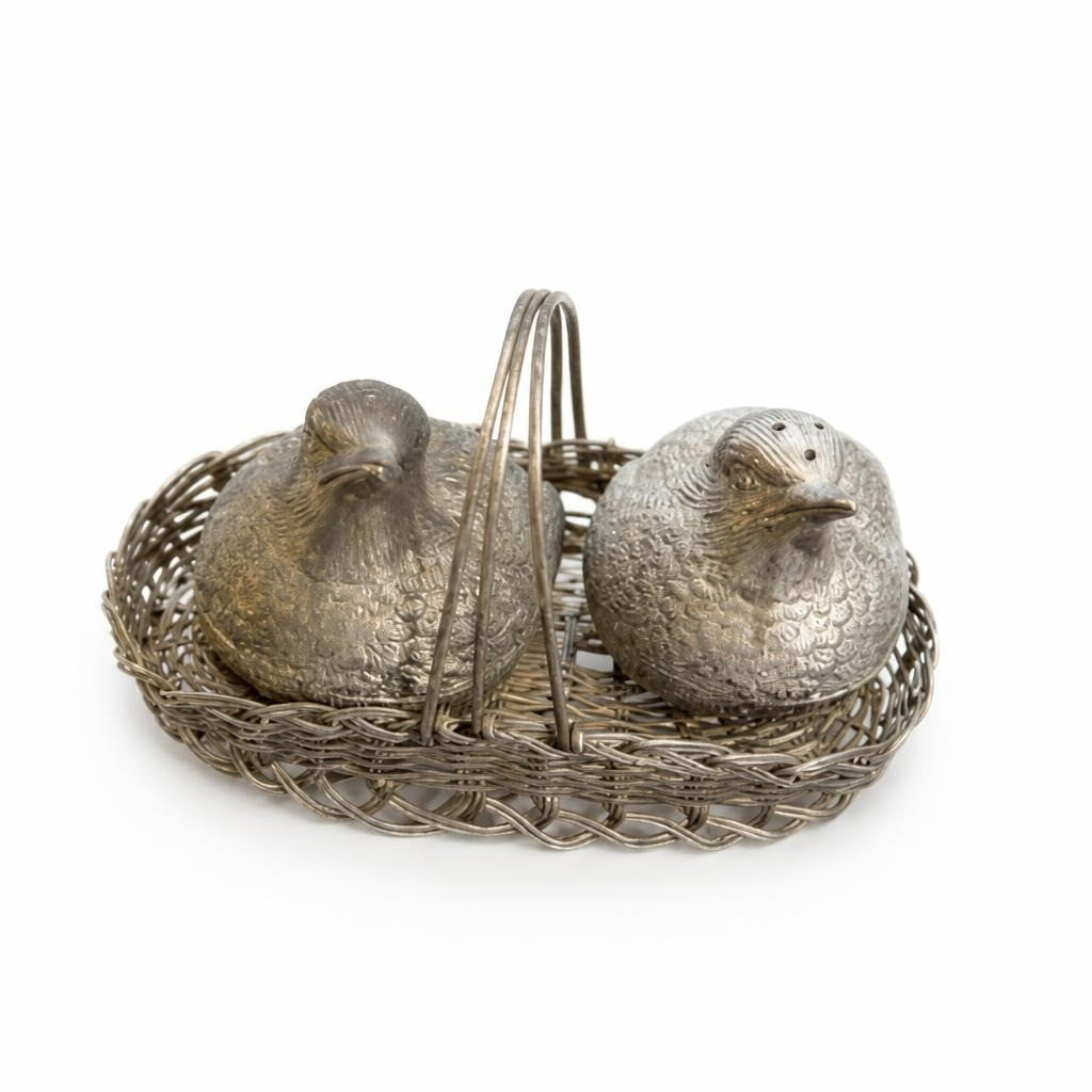 Silver-tone Bird Salt & Pepper Shaker Set, Basket - pre-loved at Why Go Less, Lebanon