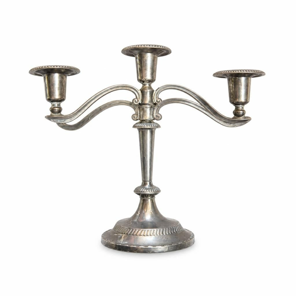 Silver-tone 3-arm Candelabra, Ornate Base - pre-loved at Why Go Less, Lebanon