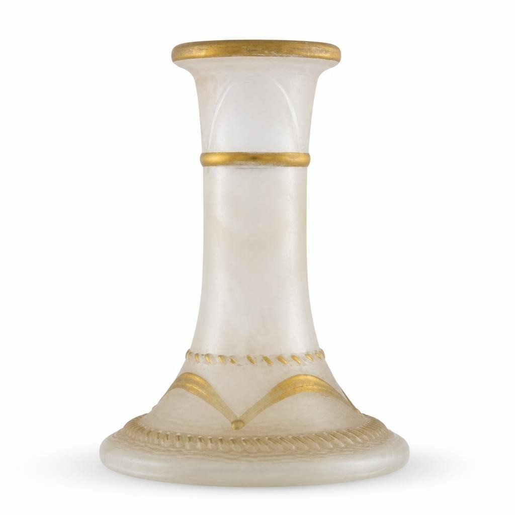Frosted Glass Candlestick Holder, Gold Trim, Cream - pre-loved at Why Go Less, Lebanon