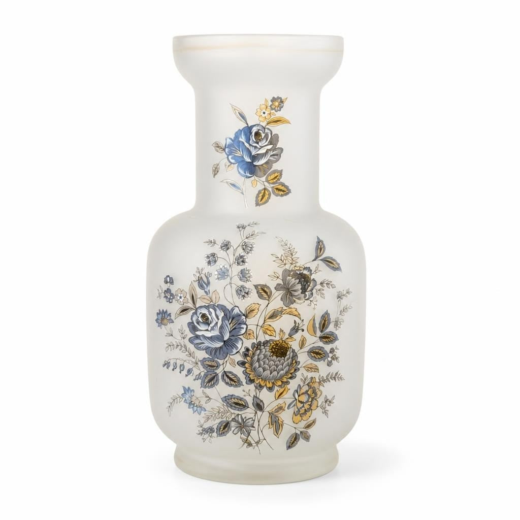 Frosted Glass Vase, Blue and Gold Floral Motif - pre-loved at Why Go Less, Lebanon