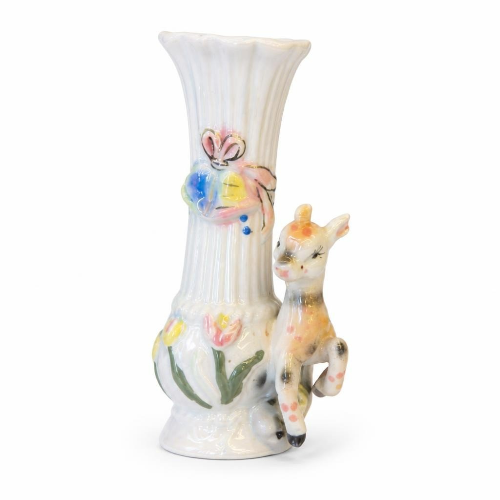 White Ceramic Vase with Deer Figurine & Floral Motif - pre-loved at Why Go Less, Lebanon