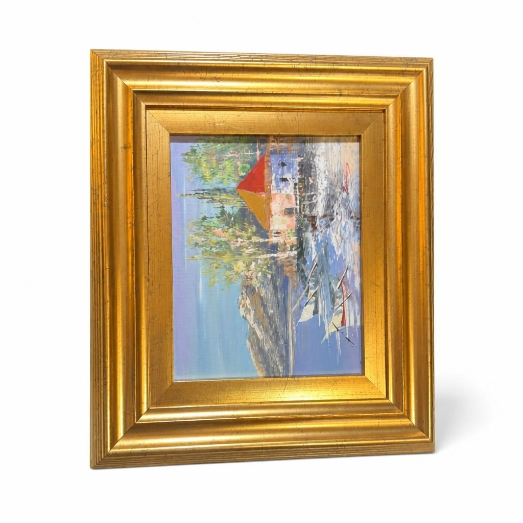 Framed Harbour Scene Oil-style Painting, Gold Frame - pre-loved at Why Go Less, Lebanon