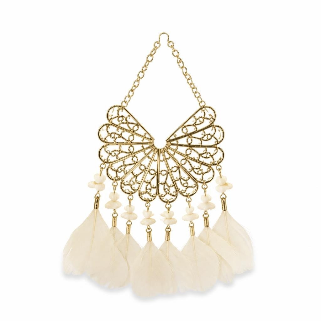 Gold Filigree Fan Earrings with White Feathers - pre-loved at Why Go Less, Lebanon