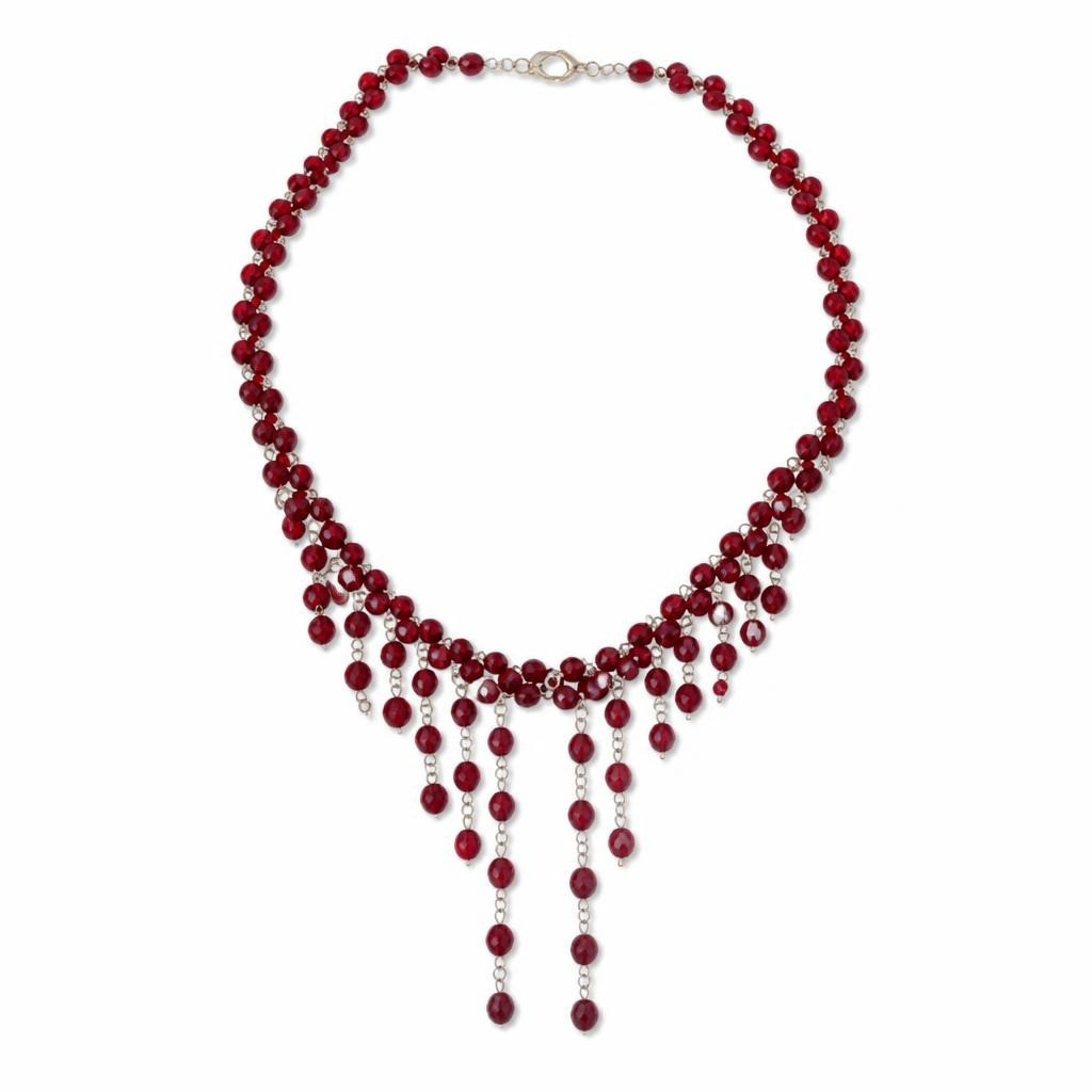 Deep Red Crystal Beaded Multi-strand Necklace Gold - pre-loved at Why Go Less, Lebanon
