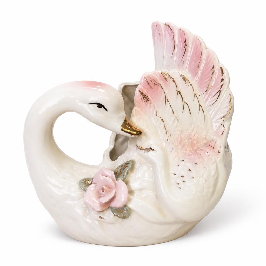 Porcelain Swan Figurine Pink Wings Gold Accent - pre-loved at Why Go Less, Lebanon