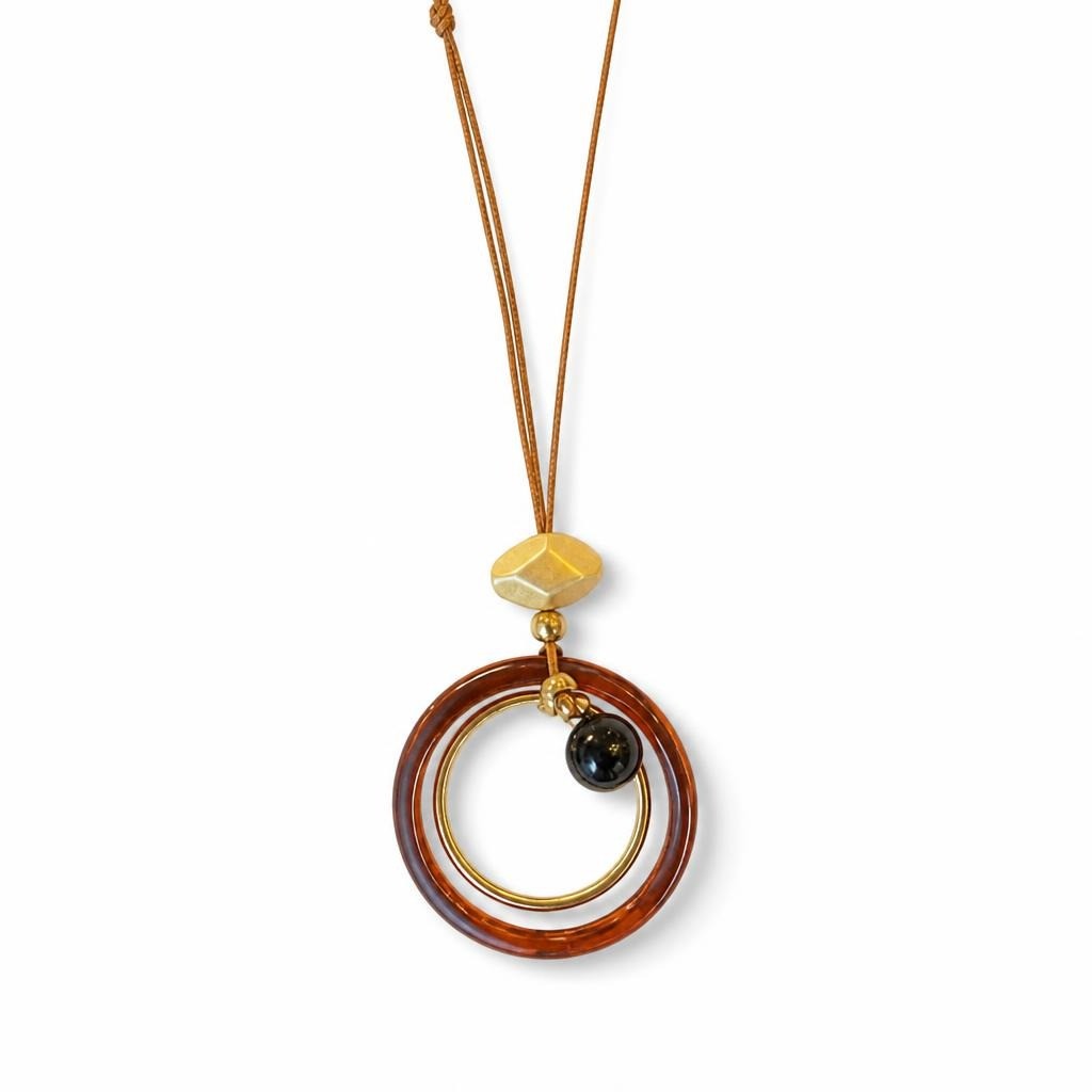 Brown Cord Ring Pendant Long Necklace - pre-loved at Why Go Less, Lebanon