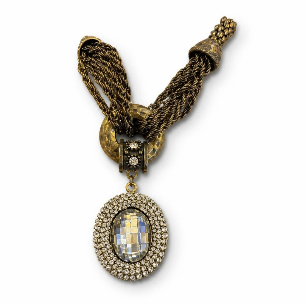 Antique Gold Multi-chain Necklace Large Crystal Pendant - pre-loved at Why Go Less, Lebanon
