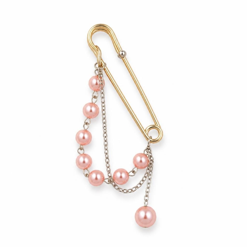 Silver Safety Pin Brooch Pink Pearl Chain Dangle - pre-loved at Why Go Less, Lebanon
