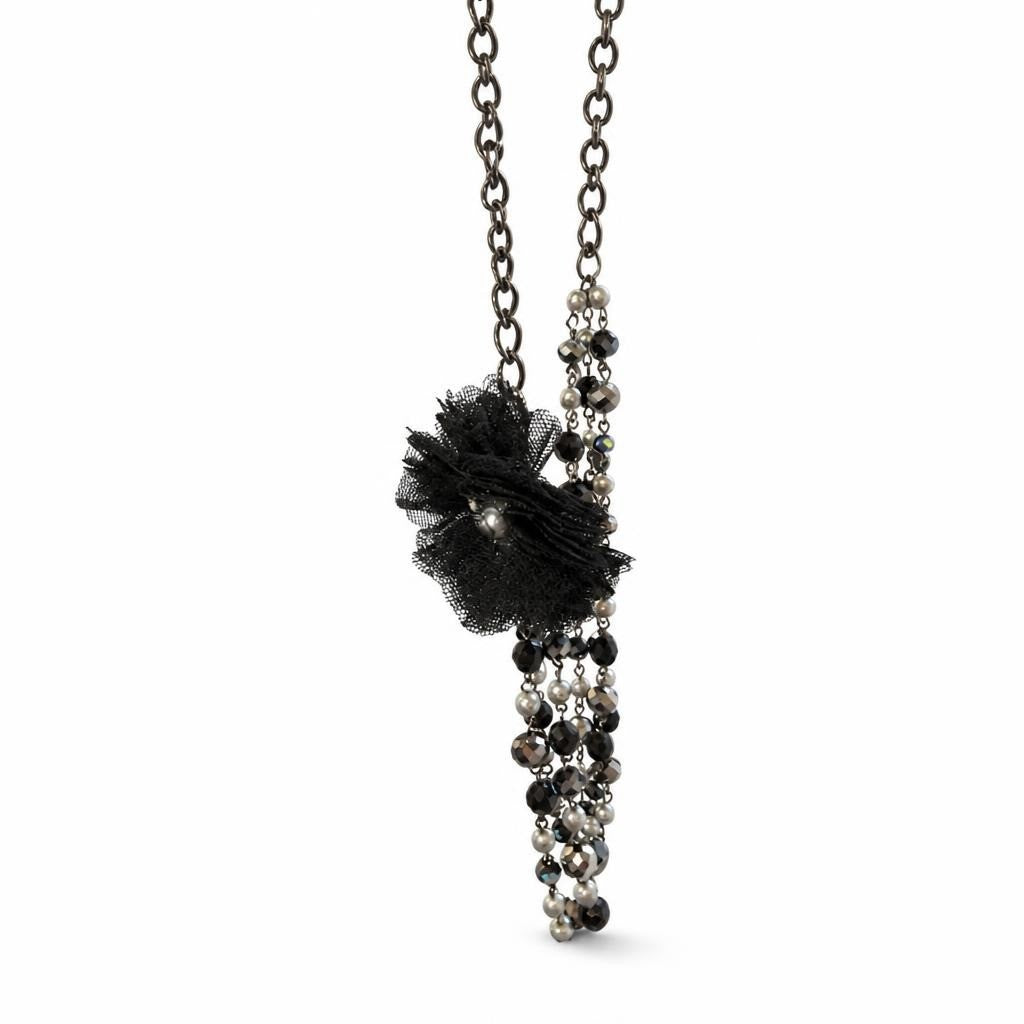 Black Tulle Flower Chain Necklace Crystal Beads - pre-loved at Why Go Less, Lebanon