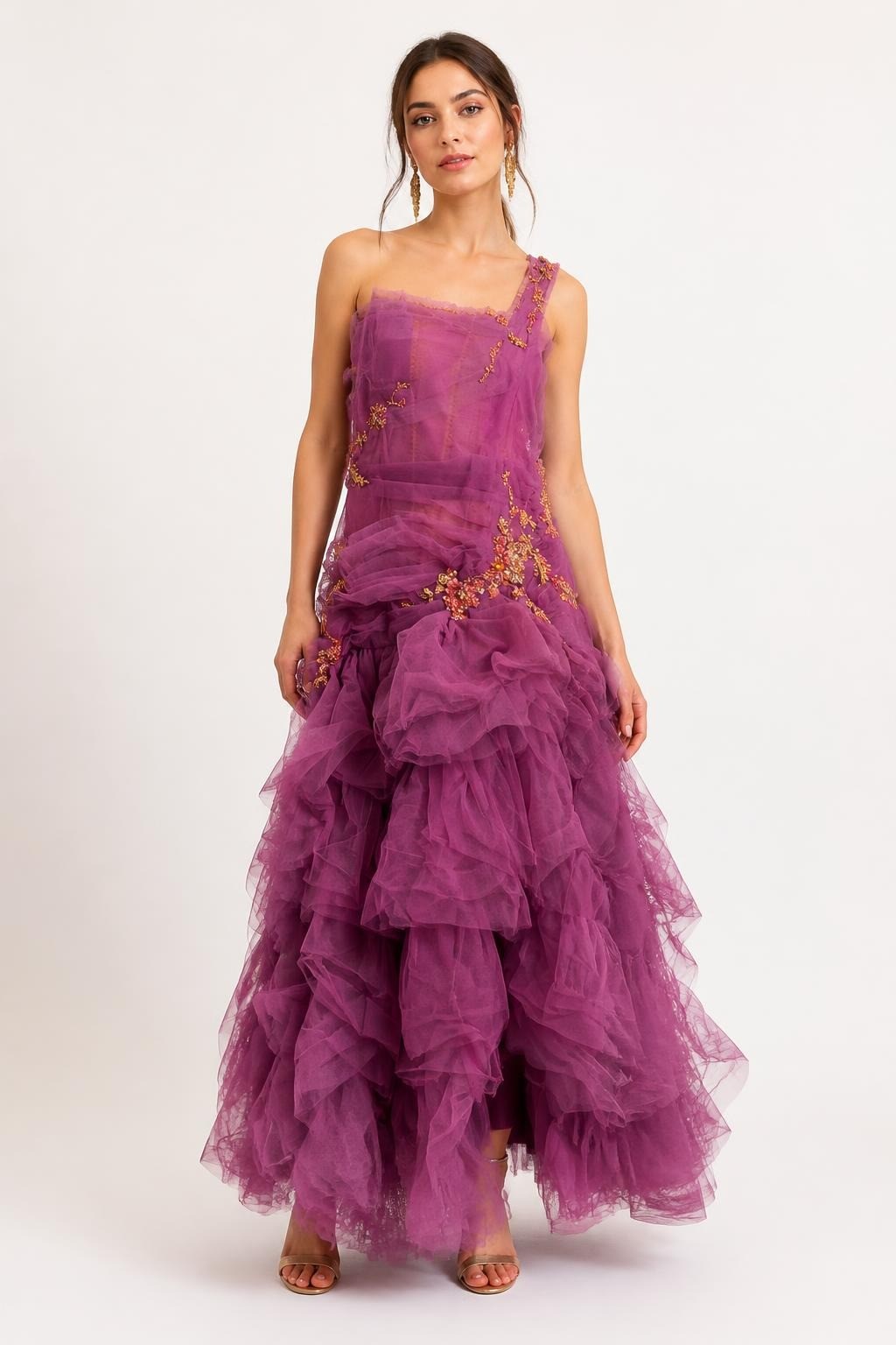 Purple Tulle Layered Gown Gold Embroidery - pre-loved at Why Go Less, Lebanon