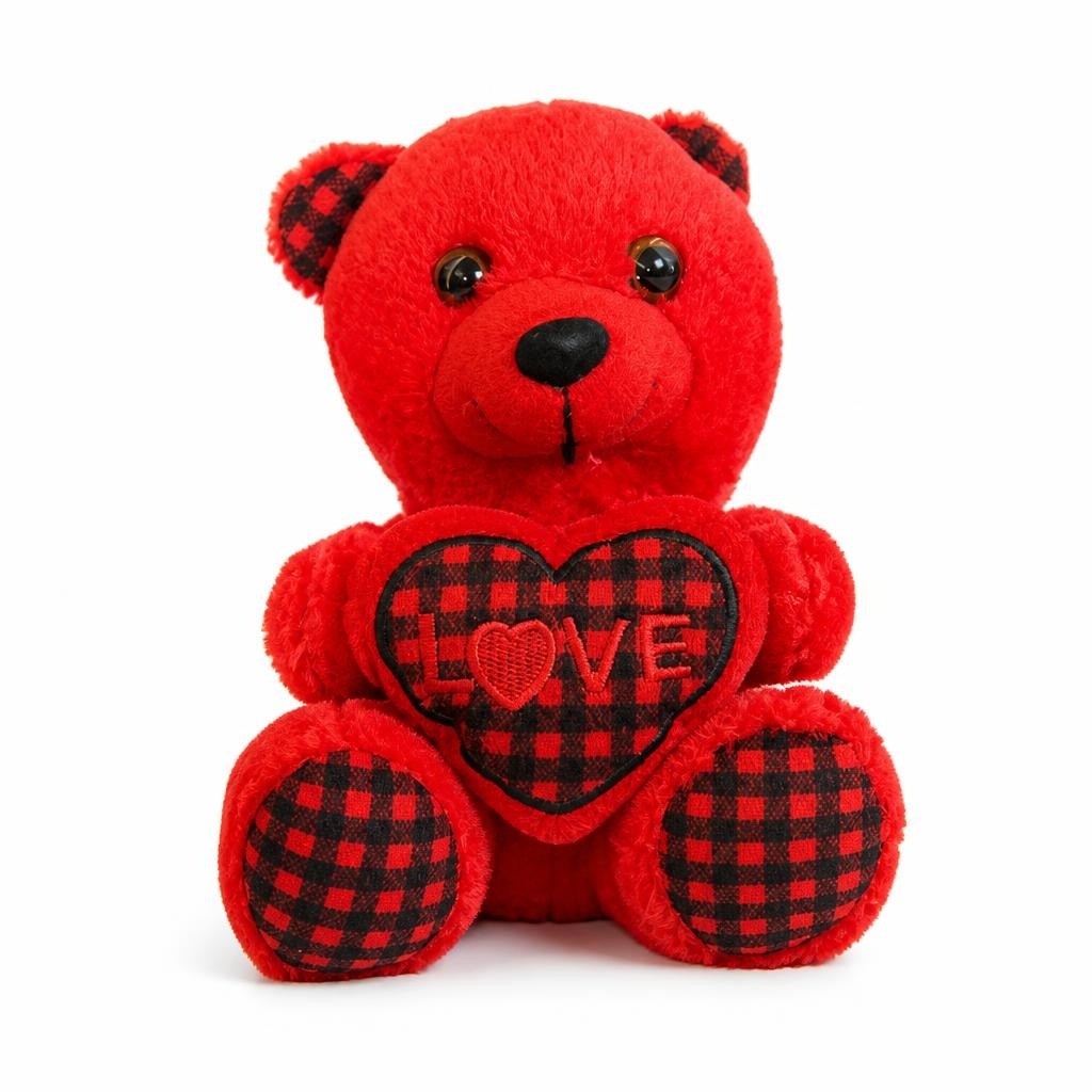 Red Plush Teddy Bear with Love Heart Patch - pre-loved at Why Go Less, Lebanon