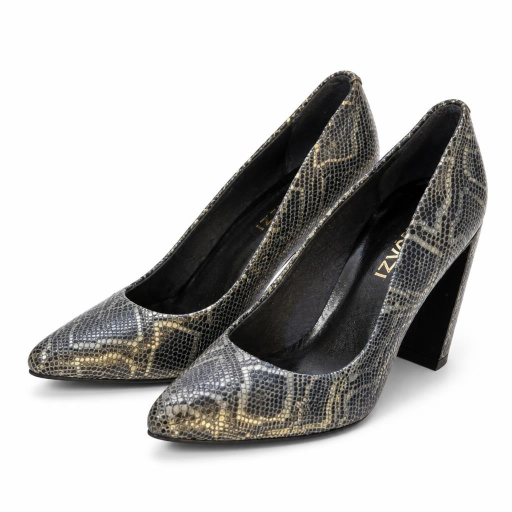 Snake Print Pointed-toe Block Heel Pumps - pre-loved at Why Go Less, Lebanon