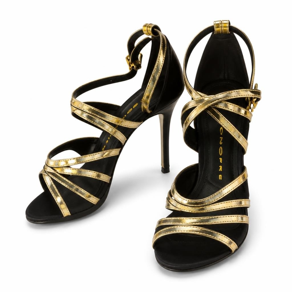 Cnoire Black & Gold Strappy Stiletto Sandals - pre-loved at Why Go Less, Lebanon