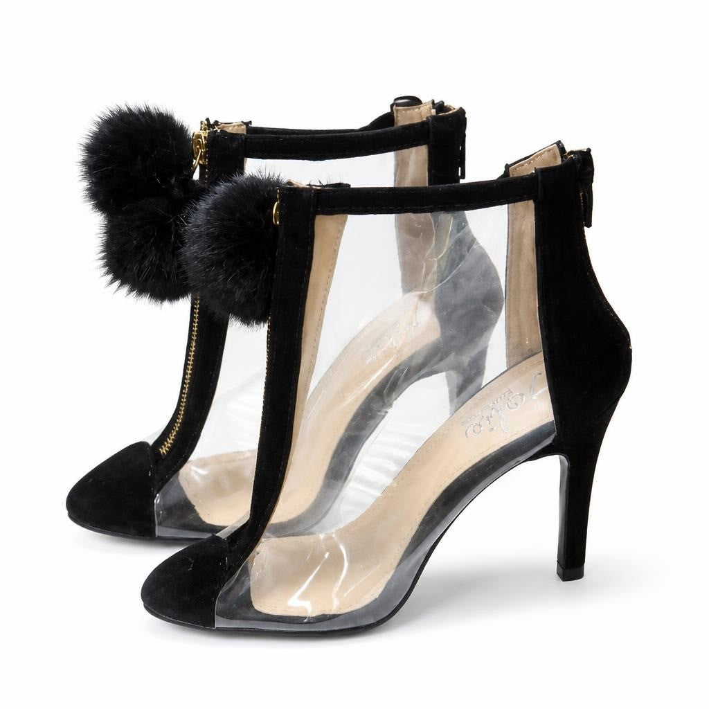 Clear PVC & Black Suede Stiletto Bootie W/ Pompom - pre-loved at Why Go Less, Lebanon