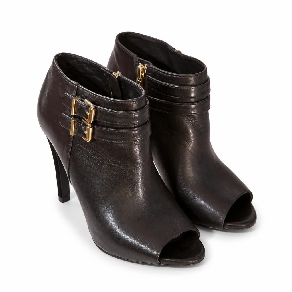 Black Leather Peep-toe Ankle Bootie Gold Buckles - pre-loved at Why Go Less, Lebanon