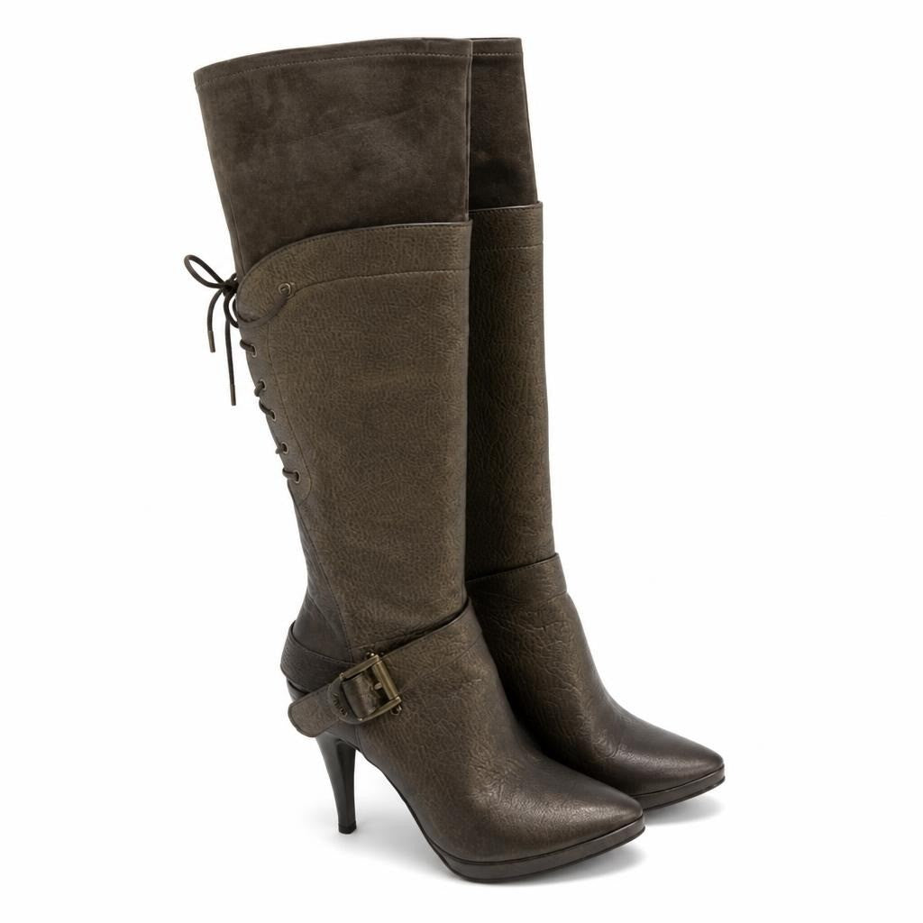 Dark Olive Knee-high Stiletto Boot with Buckle - pre-loved at Why Go Less, Lebanon