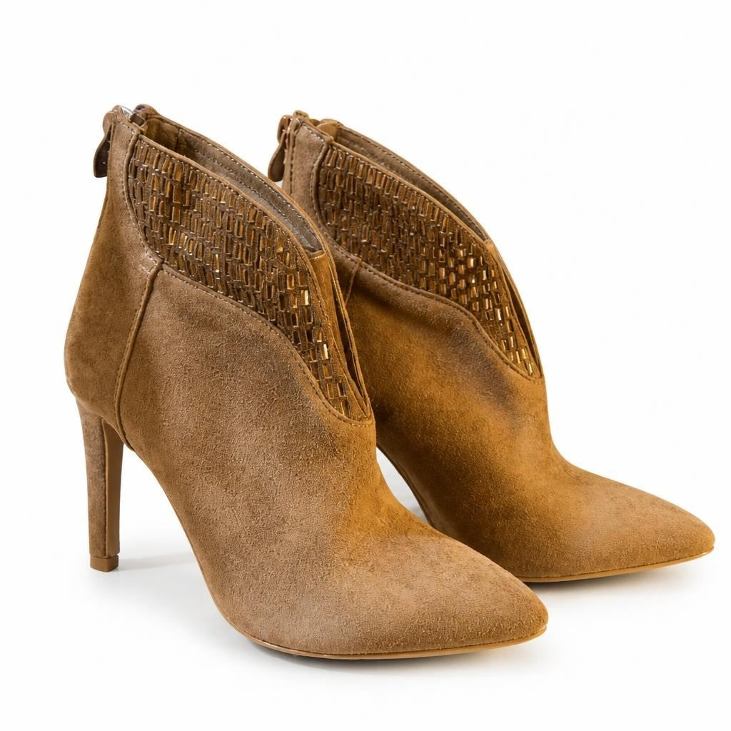 Suede Stiletto Ankle Boot Brown Gold Weave Detail - pre-loved at Why Go Less, Lebanon