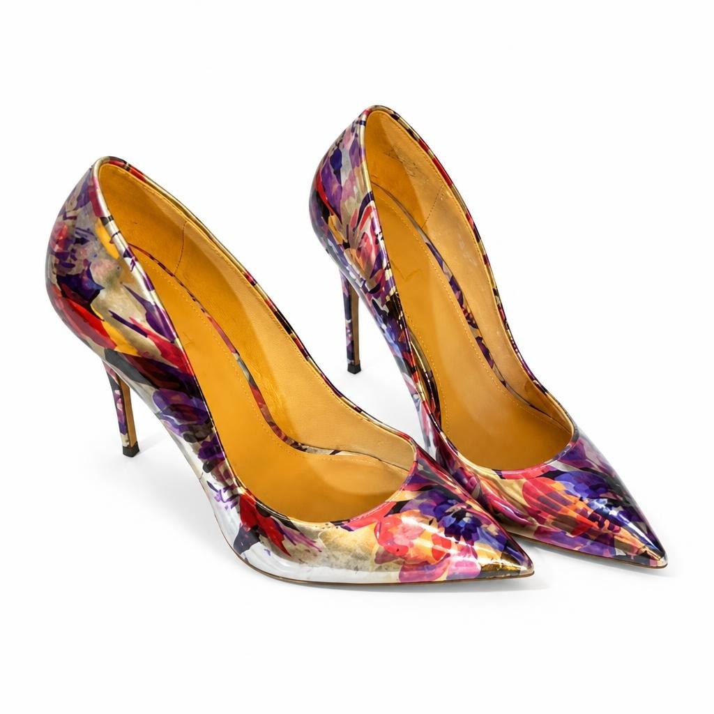 Multicolor Floral Patent Leather Stiletto Pumps - pre-loved at Why Go Less, Lebanon
