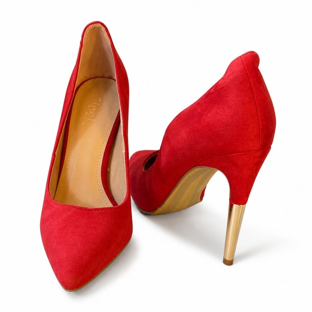 Red Suede Stiletto Pump Gold Metallic Heel - pre-loved at Why Go Less, Lebanon