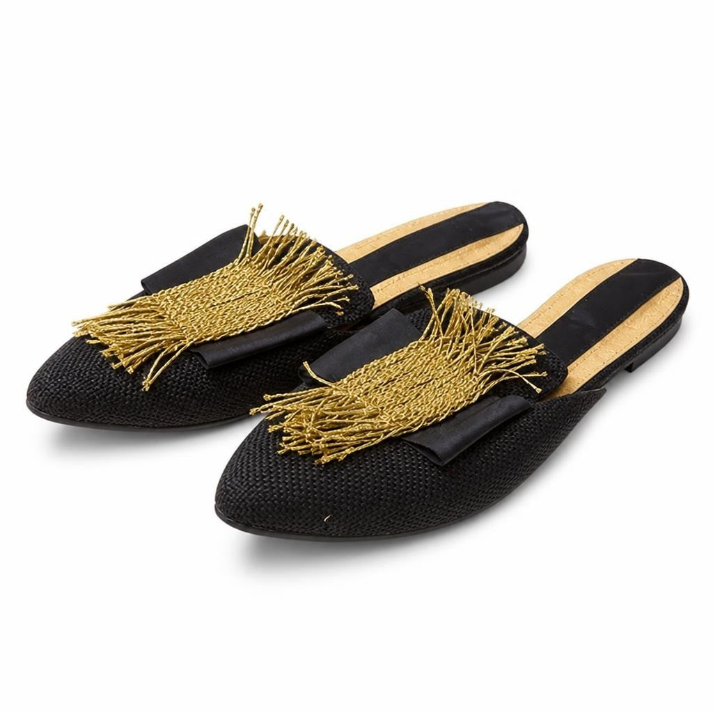 Black Woven Mule with Gold Fringe & Bow Detail - pre-loved at Why Go Less, Lebanon