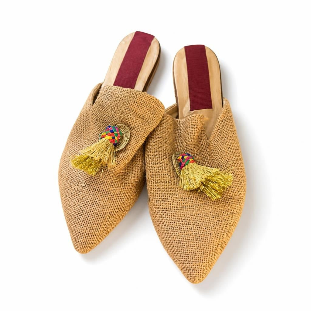 Natural Jute Mule with Multicolor Brooch & Gold Tassel - pre-loved at Why Go Less, Lebanon
