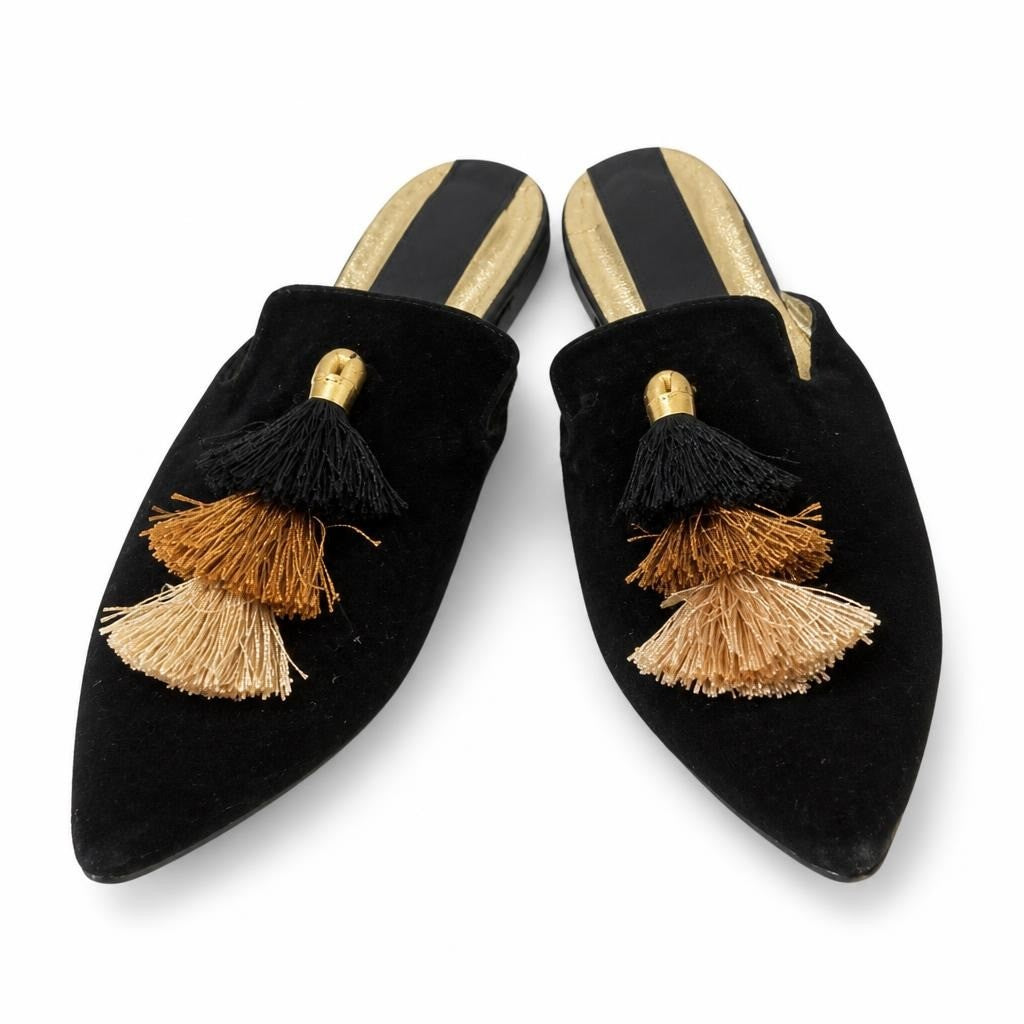 Black Velvet Mule with Layered Black and Gold Tassels - pre-loved at Why Go Less, Lebanon